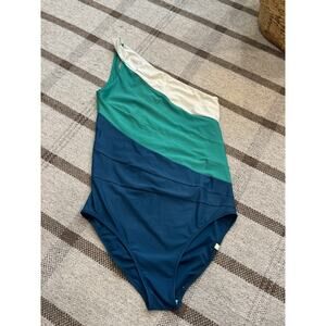 Summersalt Sidestroke One Piece Swimsuit One Shoulder 12 Blue Green Modest